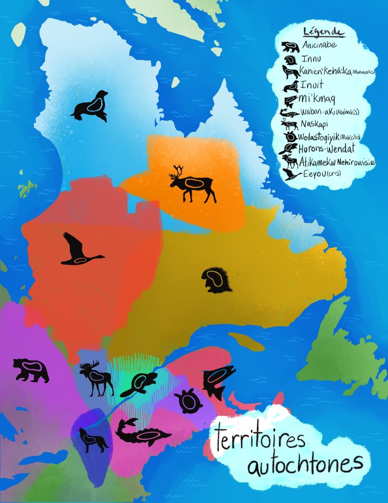image d'une carte représentant les territoires des différentes nations autochtones au Québec